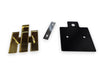 Three metal hardware components on a white background: two gold-toned bracket-like pieces, one small silver rectangular piece, and one black mounting plate with three holes.