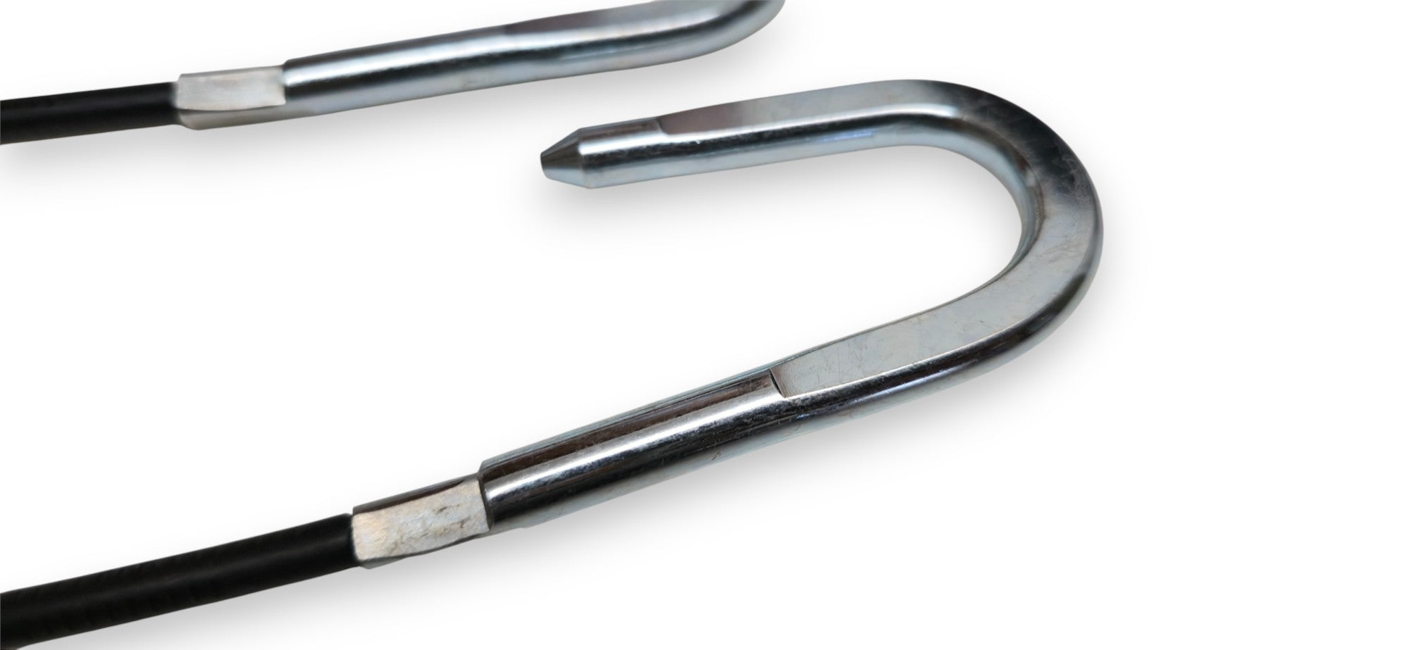 A close-up of a curved metal hook with a polished silver finish and a black cable or rod running through a sleeve, shown on a plain white background.