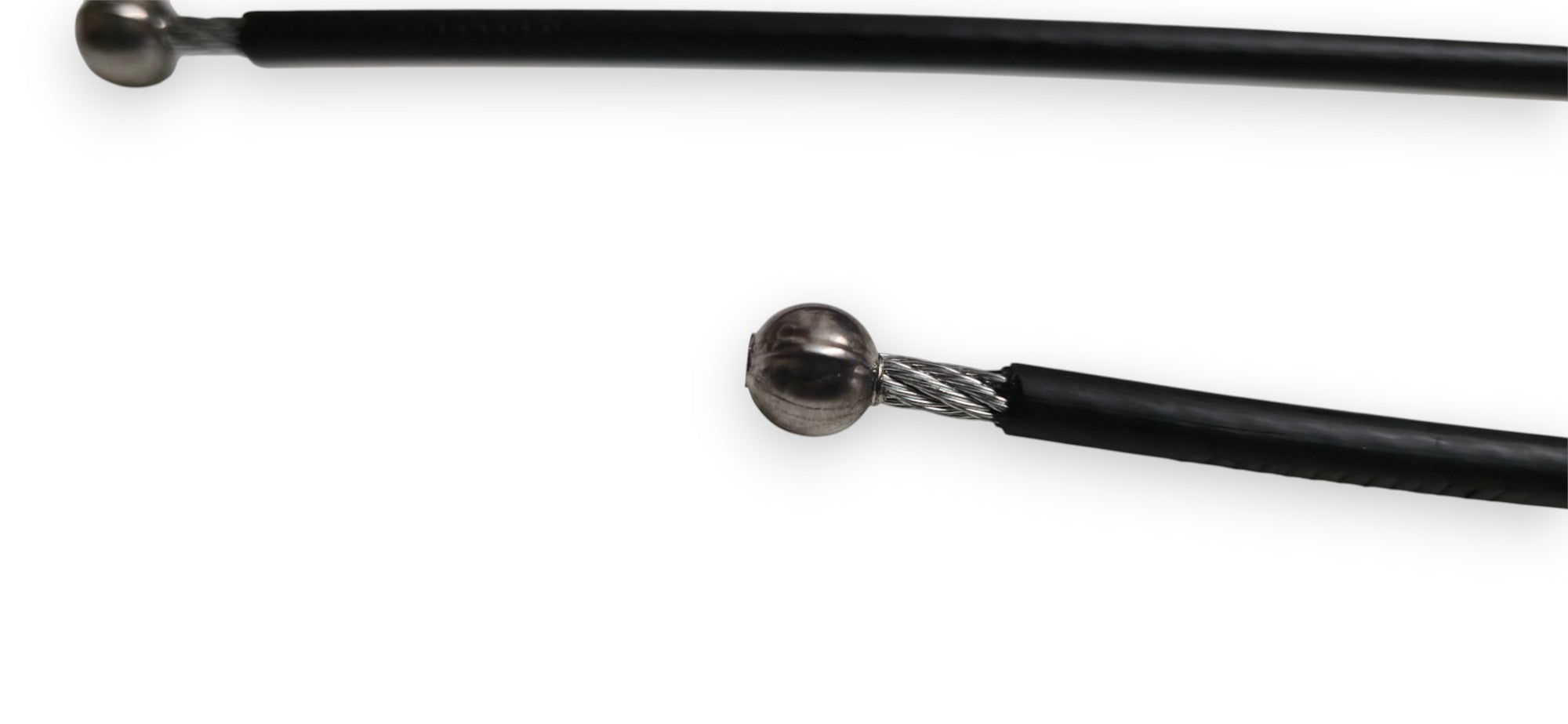 Close-up of a black cable with a metallic ball connector and exposed twisted wire at one end, shown on a plain white background.