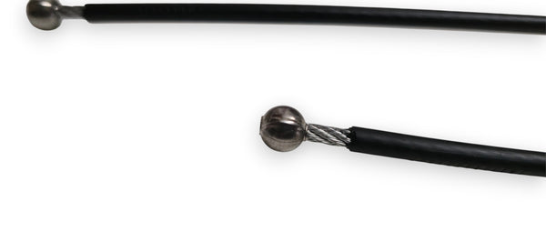 Close-up of a black cable with a metallic ball connector and exposed twisted wire at one end, shown on a plain white background.