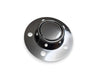 A polished chrome metal wheel hub with a raised center bore and four bolt holes, shown on a clean white background.
