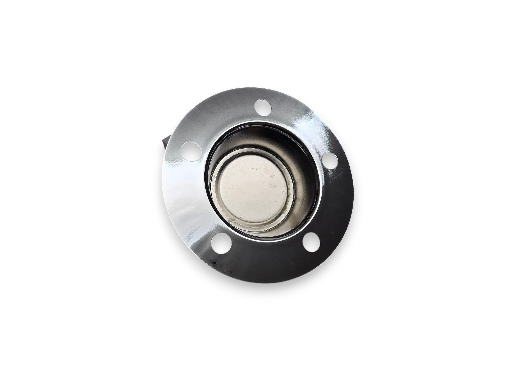 A circular metallic mechanical component, likely a flange or gasket, featuring a polished silver outer ring with four pre-drilled holes and a black inner ring surrounding a central silver circular section, shown on a plain white background.
