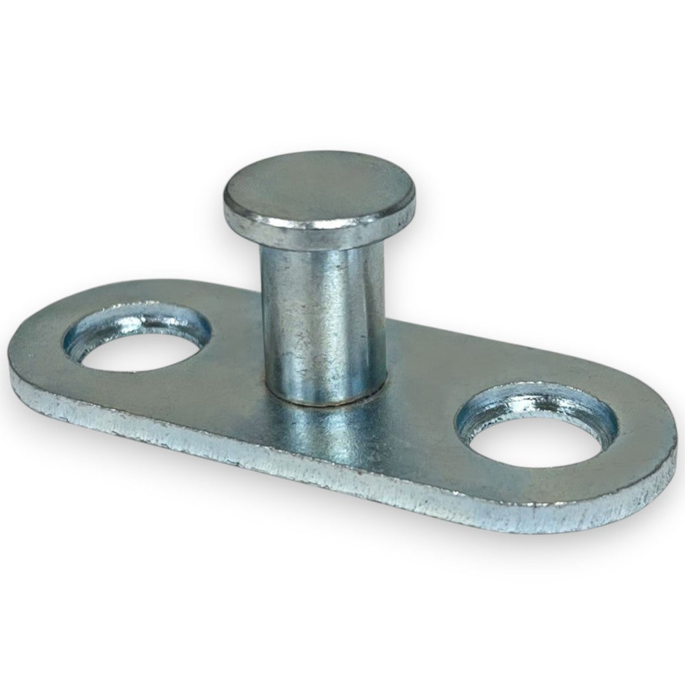 A galvanized steel tension fixture bracket with a central post and two mounting holes, shown on a white background.