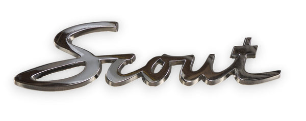 A polished chrome script 'Scout' emblem, likely for a vehicle or accessory, shown on a clean white background.