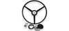 A black three-spoke steering wheel shown on a white background, with mounting hardware and a center cap placed below it.